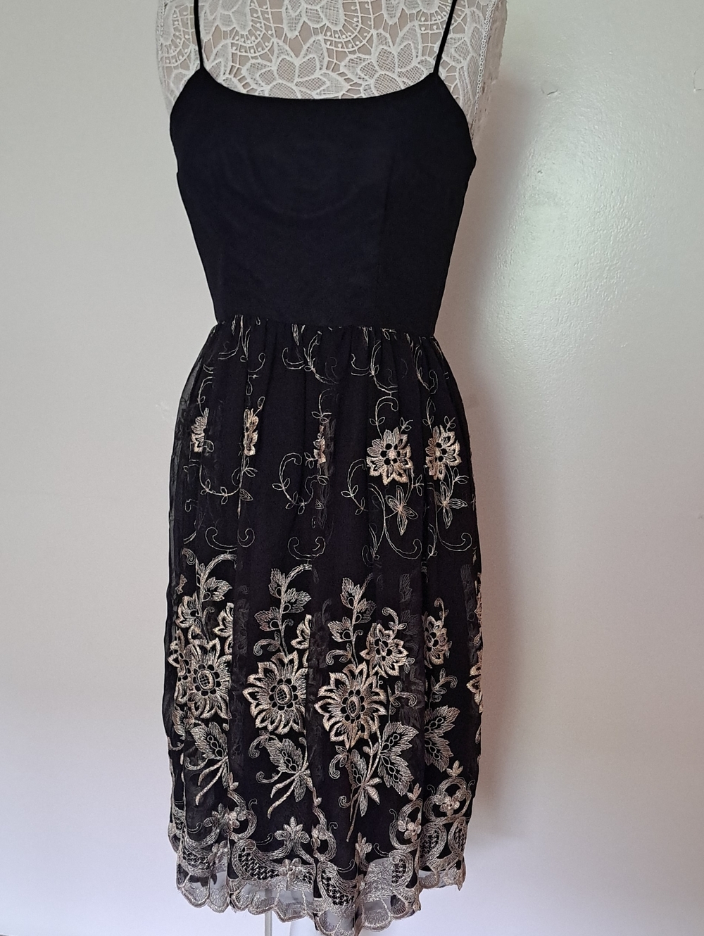 Black Midi Dress with Gold Floral Embroidery